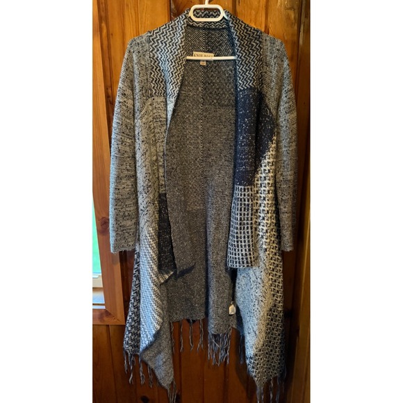 Knox Rose Gray Black Open Front Fringe Hem Patchwork Cardigan - Picture 1 of 6